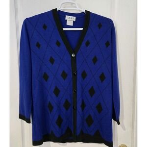 Womens VTG Gispa Made In Italy Wool Blend Cardigan Sweater Blue/ Black Old Money